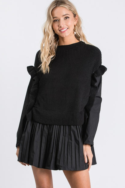 Woven mini dress with knit attached design.
